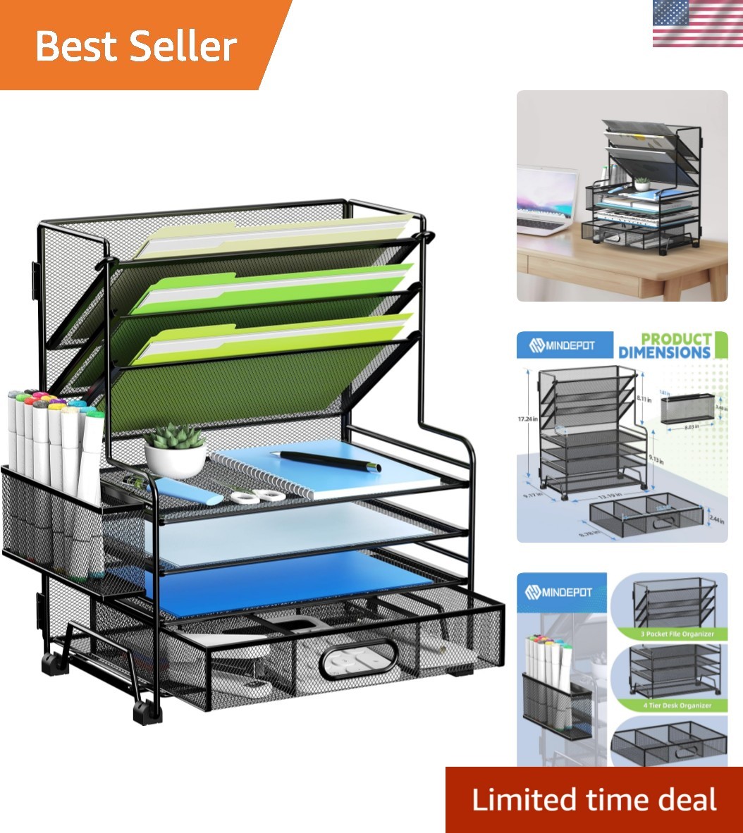 4-Tier Paper Organizer + 3-Pocket File Holder + Drawer + Pen Holders, Desktop…