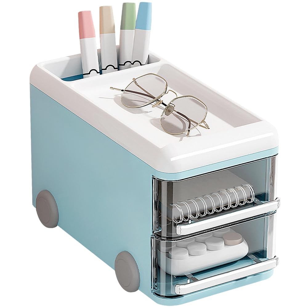 LETURE Cute Desk Organizer with drawers, Plastic Desktop Storage for Blue