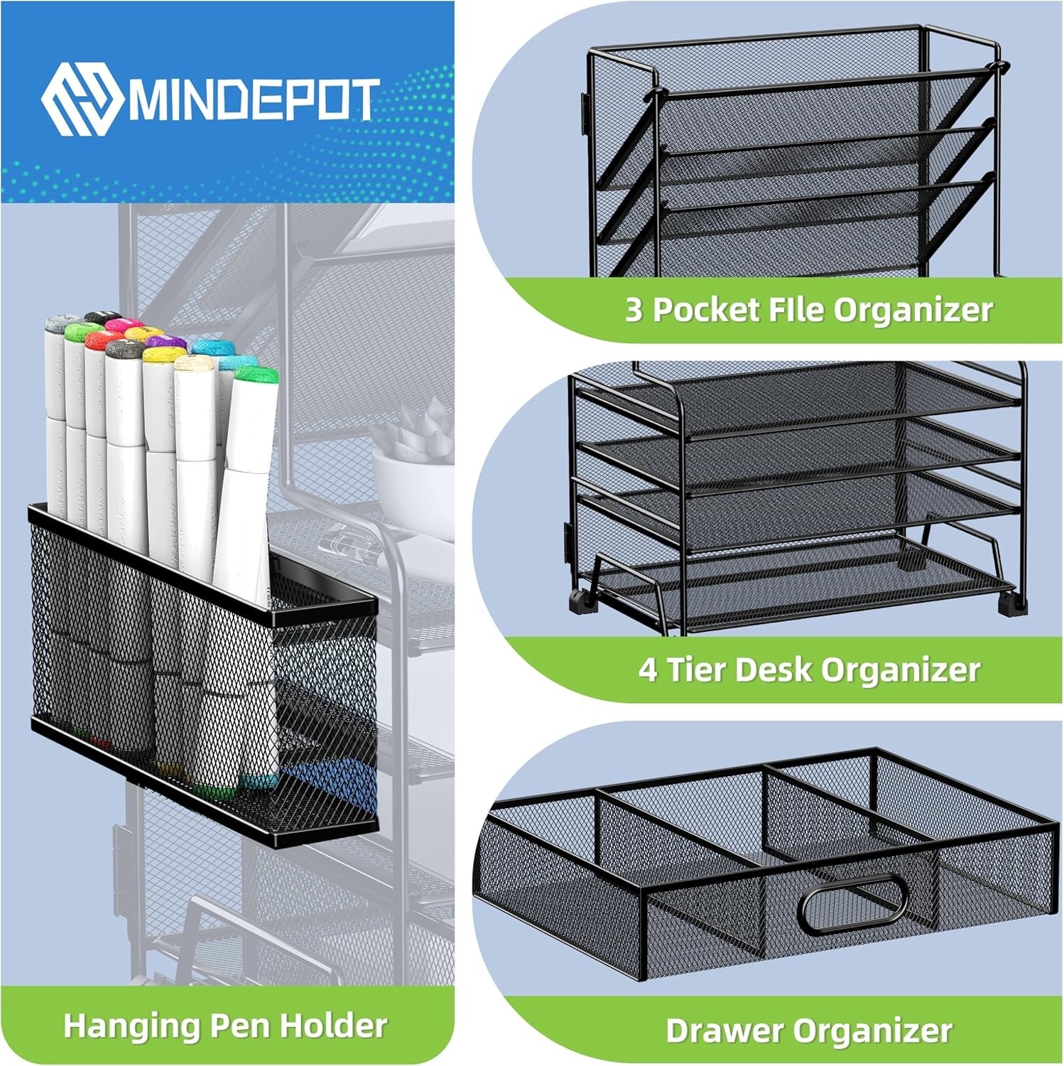 4-Tier Paper Organizer + 3-Pocket File Holder + Drawer + Pen Holders, Desktop…