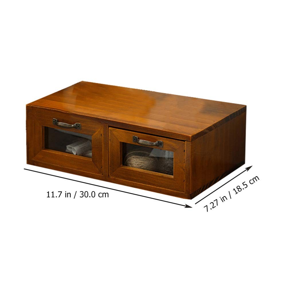 LIFKOME Wood Desk Organizer, 2 Drawers Bamboo Storage Box, Coffee Brown