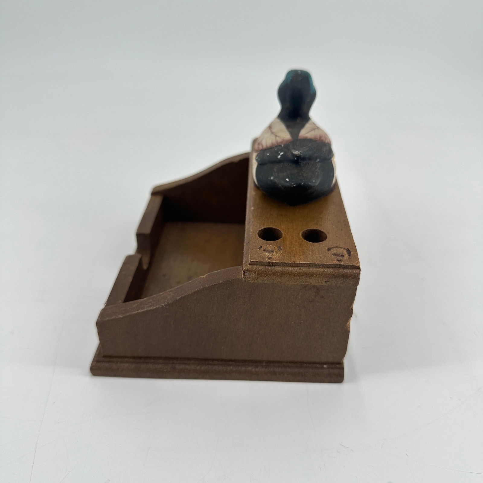 Vintage Wooden Mallard Duck Desk Organizer Pen Holder Sticky Note Caddy Rustic