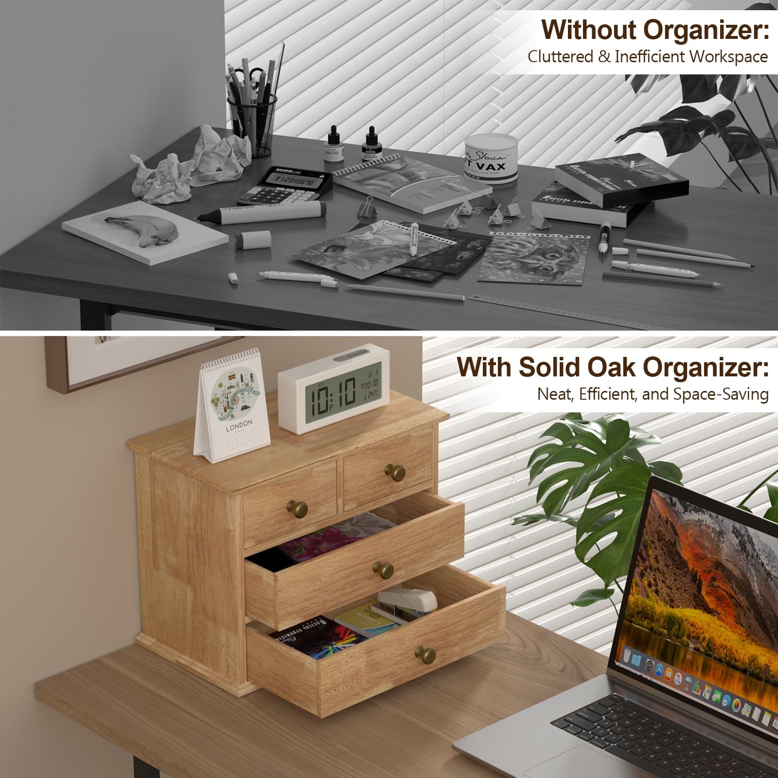 Oak Desk Organizer with Drawers, Wooden Desktop Storage Box with Metal Handle…