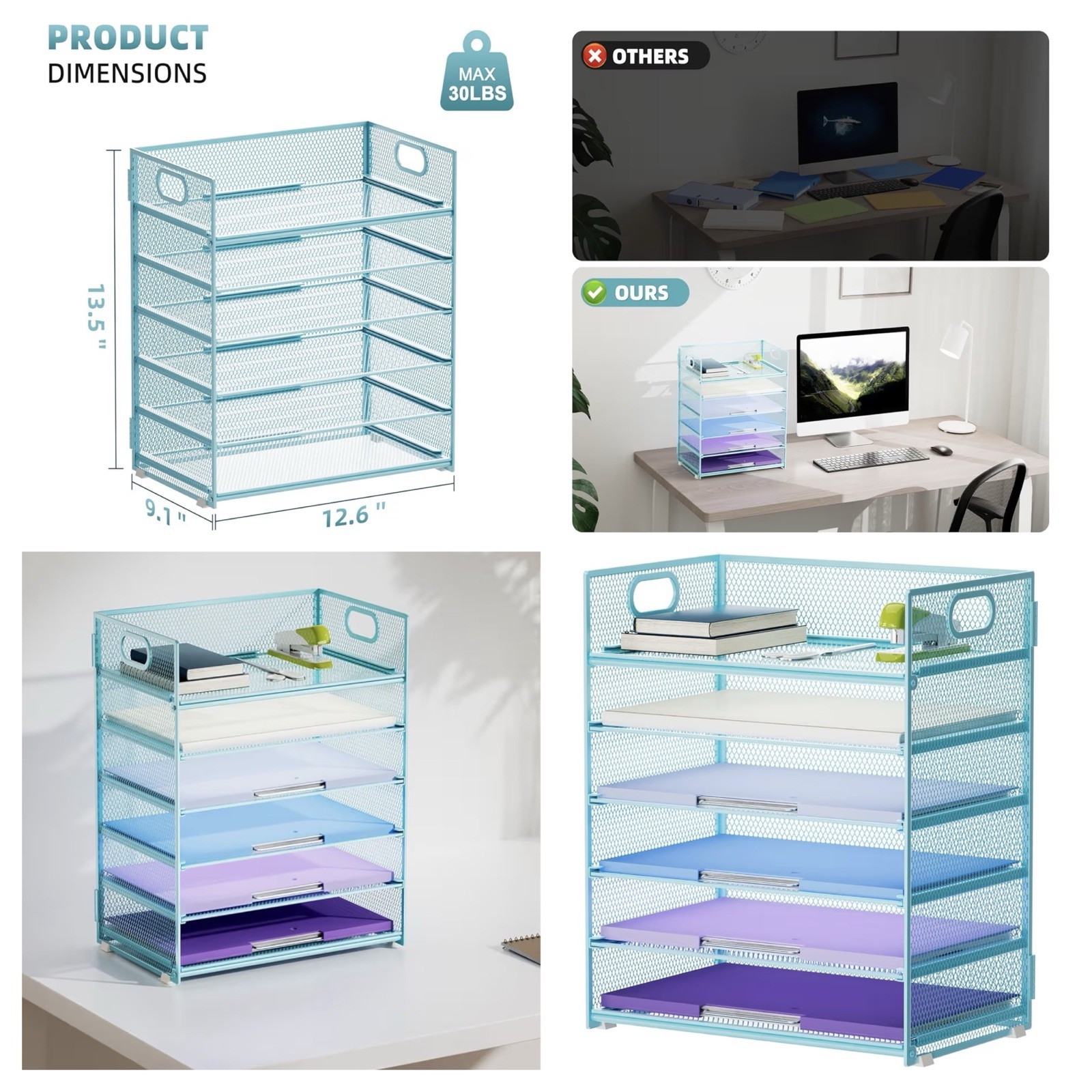 6 Tier Paper Organizer Letter Tray – Mesh Desk File Organizer with Handle, Paper