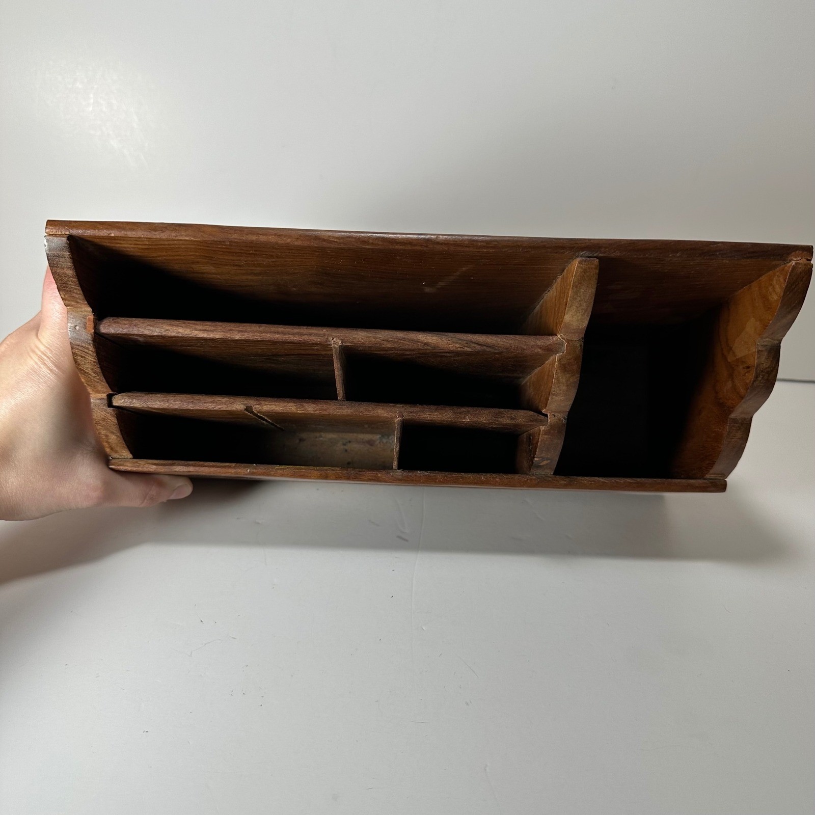 Vintage Hand Carved Wooden Desk Organizer Floral Boho Tiered Mail Stationery
