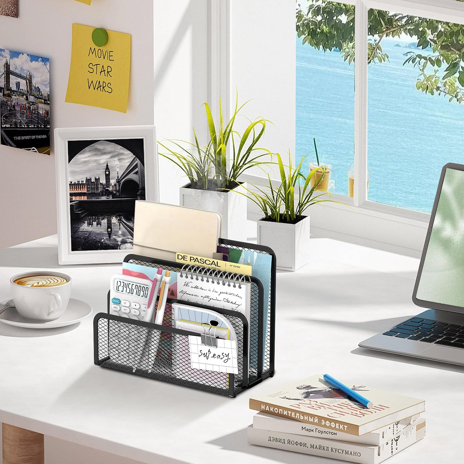 Mail Organizer for Desk, Mesh Metal Mail Holder Countertop with 3-, Letter Sorte