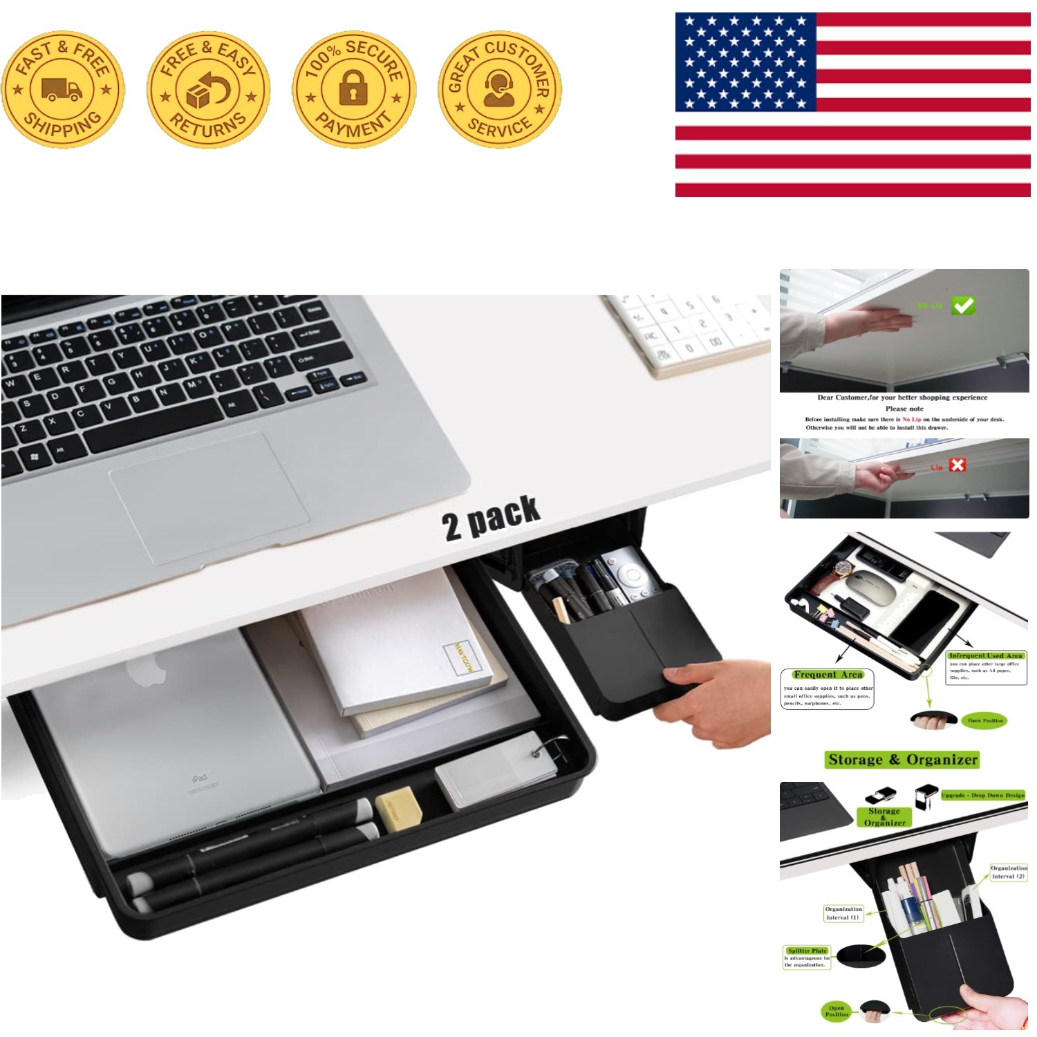 Under Desk Drawer Organizer Set – 2 Pack: Large & Small, Black Storage Solution