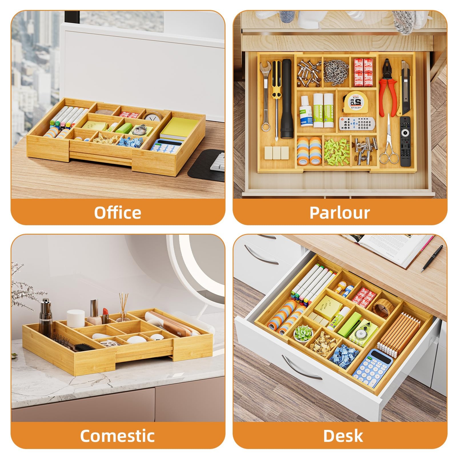 Marbrasse Bamboo Expandable Drawer Organizer Desk Drawer Organizer Tray 5