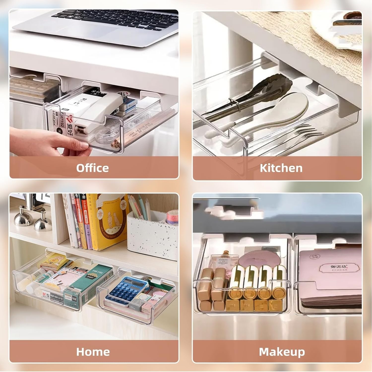 2 Pack White Clear Under Desk Storage Drawer Slide Out Adhesive Mount Organizer