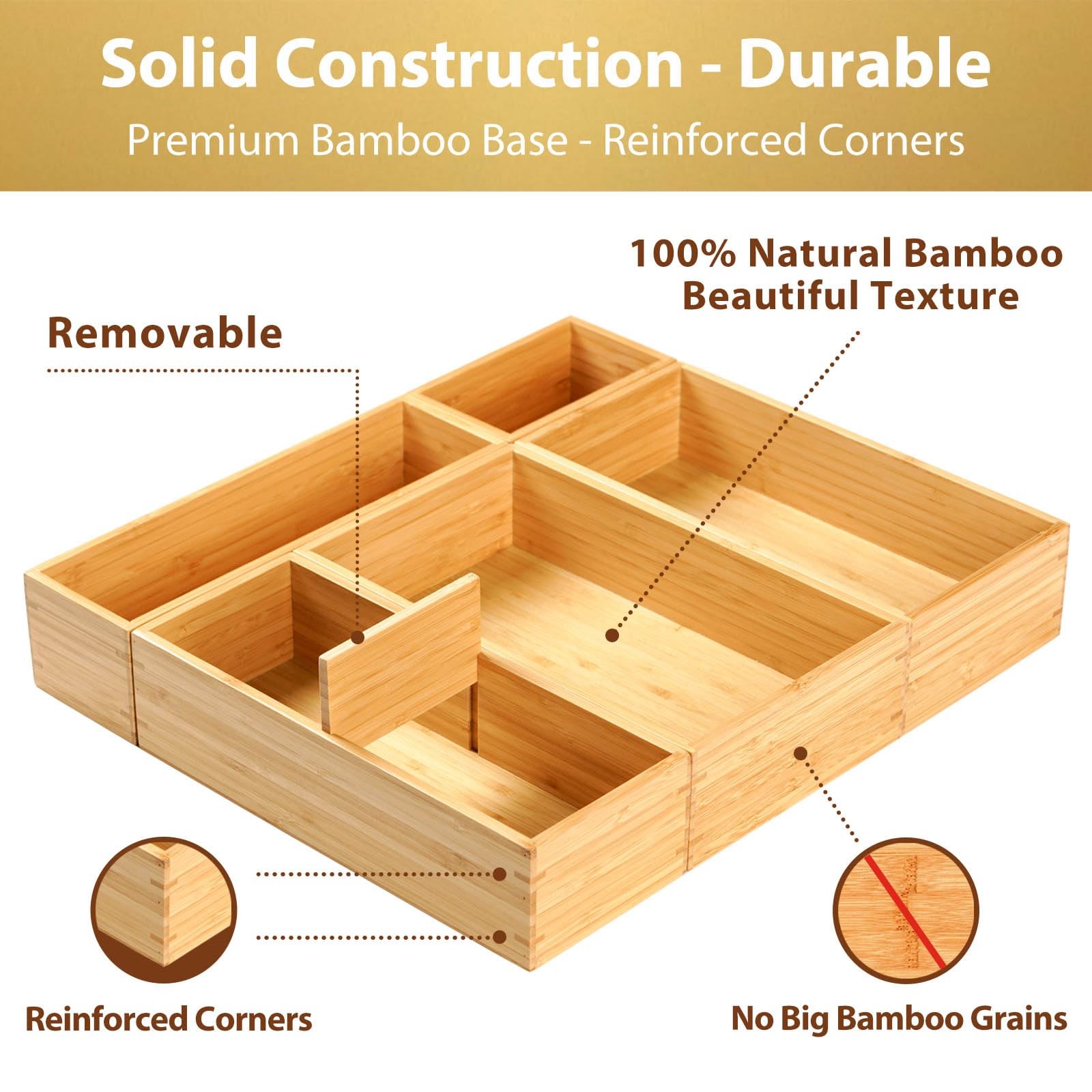 Umilife Drawer Organizer Storage Boxes, 15 x 13 x 2.5″ (5 Boxes), Natural