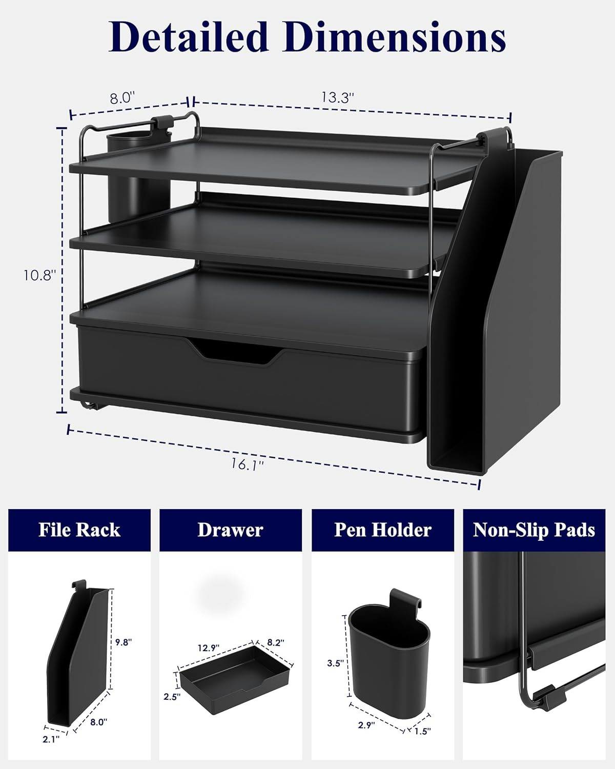 4 Tier Desk Organizer with Drawer & Pen Holder 13.3″ x 8″ x 10.8″ Black