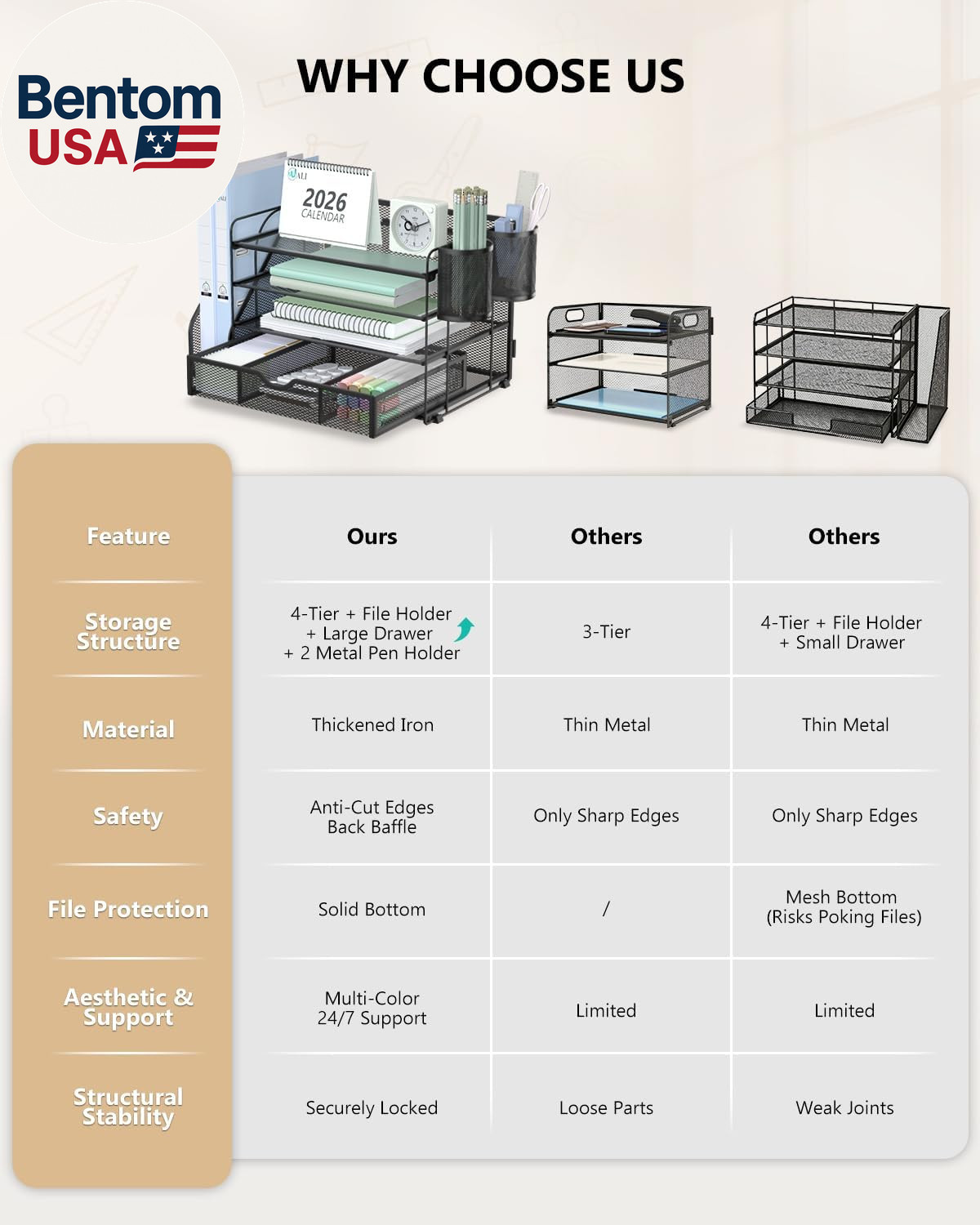 Desk File Organizer, 4 Tier Desktop Paper Letter Tray Organizer with Drawer and