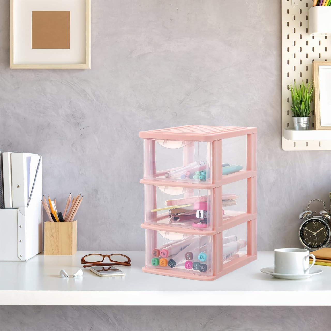 DOITOOL Desktop Storage Box Drawer Type Clear Plastic Organizer 3 Tier, Pink