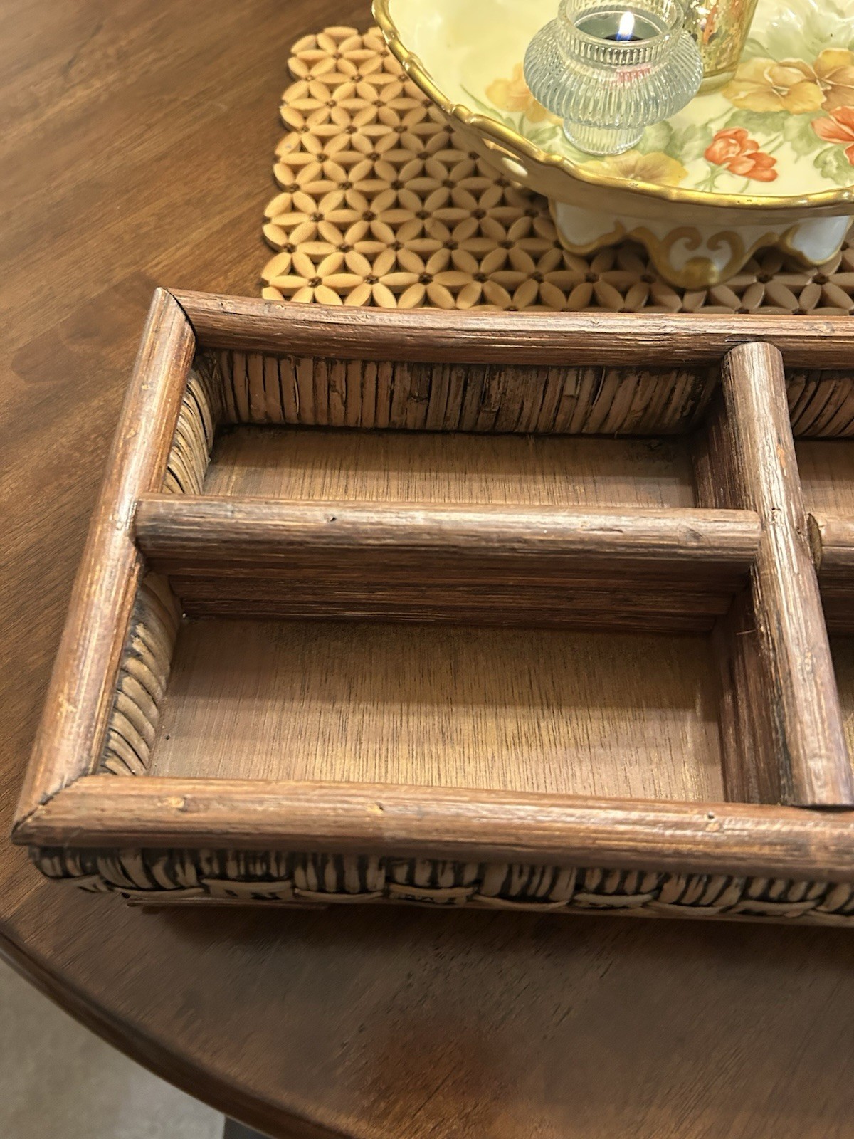 Vintage Wood & Woven Rattan Organizer Tray 4 Compartment Desk Caddy Rustic Boho