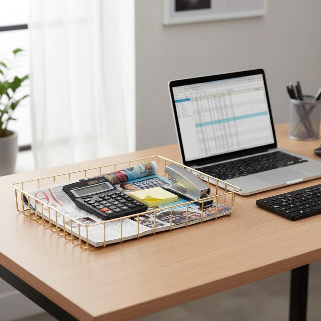 Metal Paper Tray Desk Organizer Large Capacity Letter File Gold 12.5×9.4×1.9