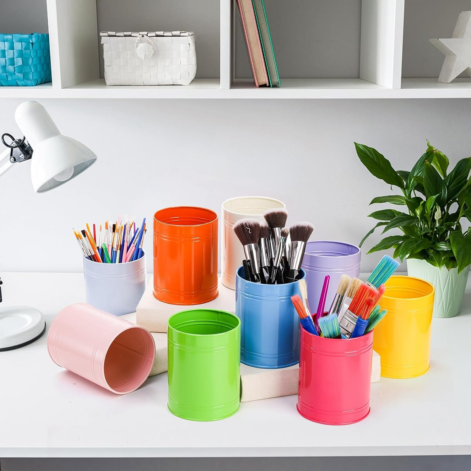 9 Pack Metal Pen Holders for Desk, Colorful Bulk round Pencil Cup Caddy, Desktop