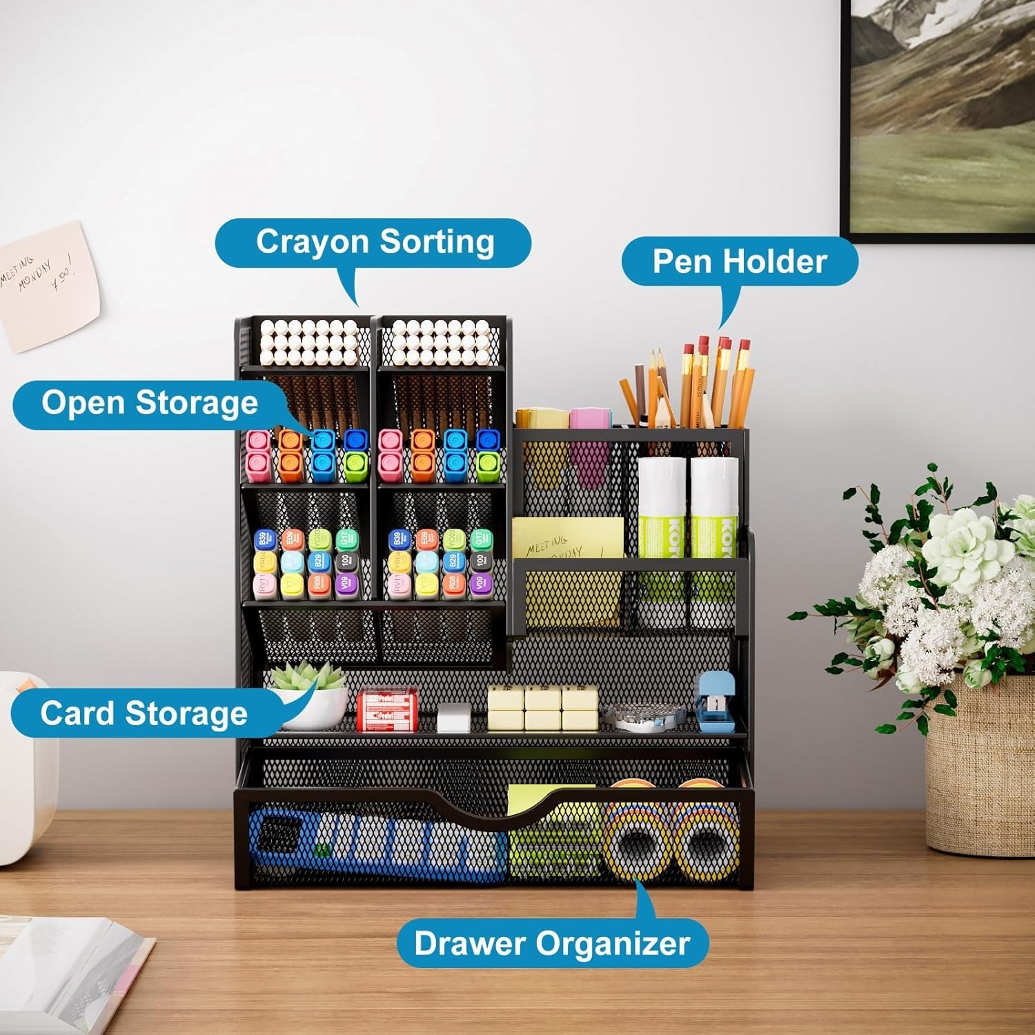 Black Rectangular Desk Organizer with Drawer – Perfect for Stationery & Crafts