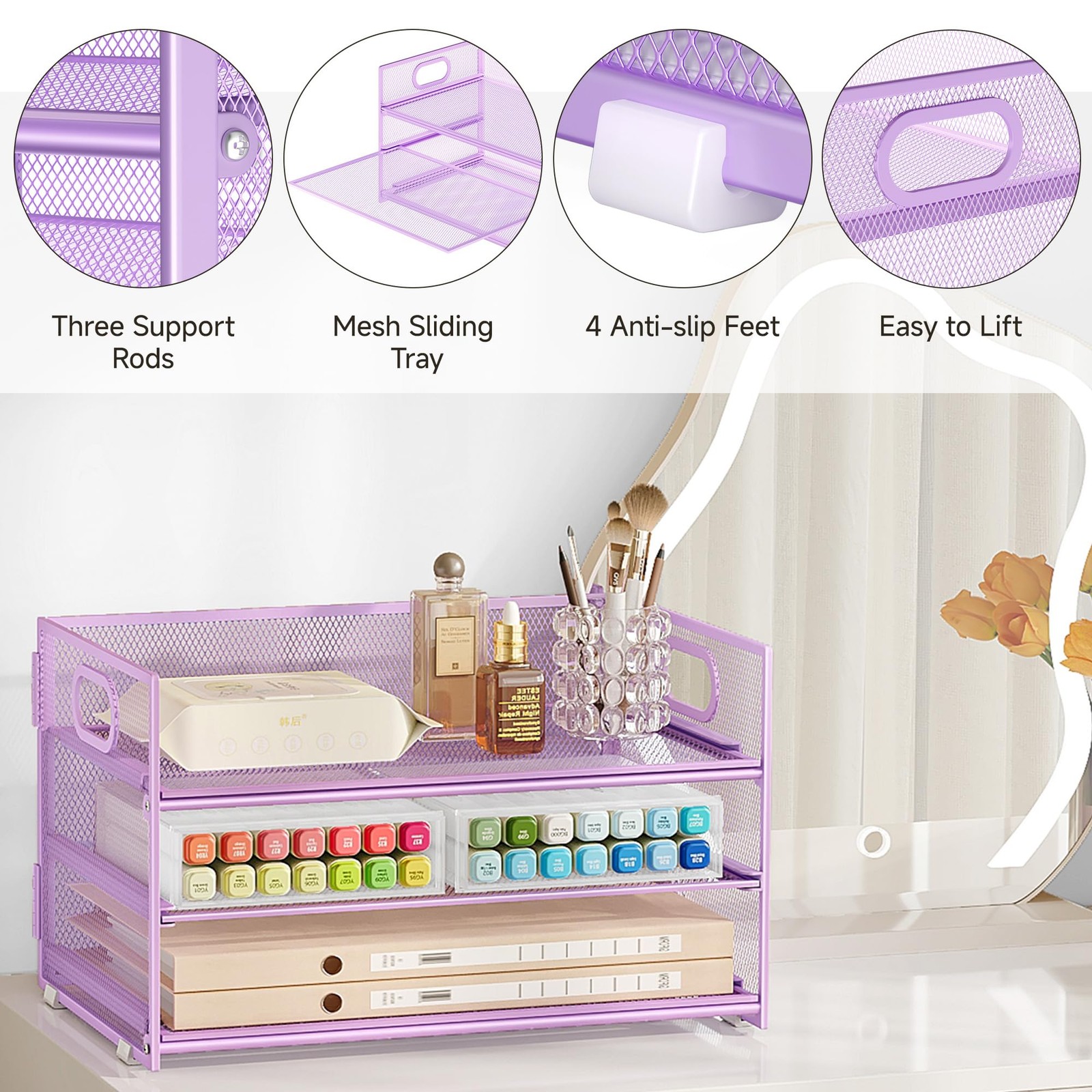Subekyu 3 Tier Letter Tray Paper Organizer with 12.6″ x 9.1″ x 8.1″, Purple