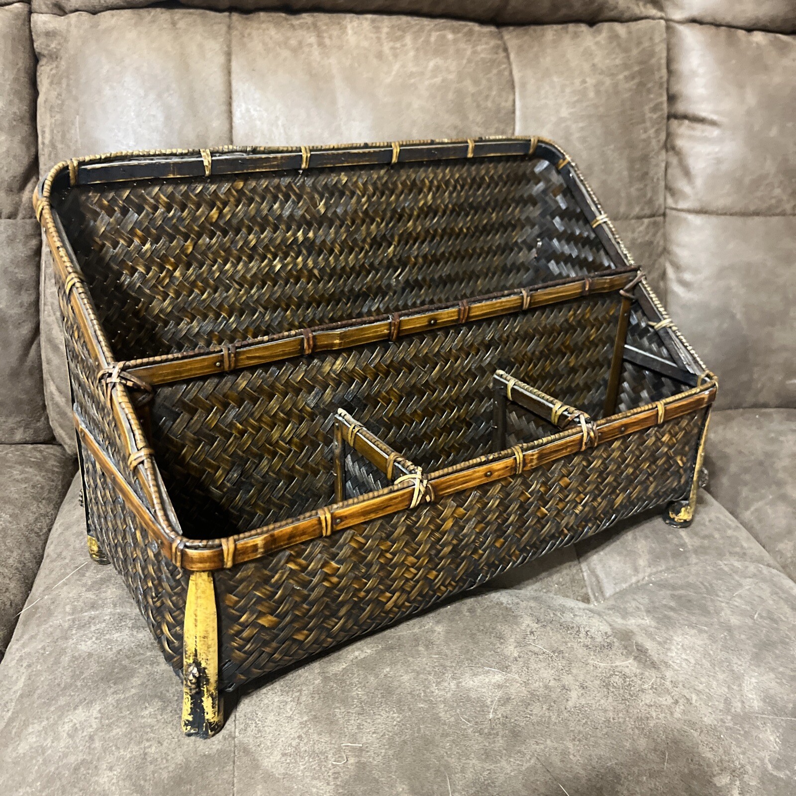 VTG Pier1 Rattan Wicker Desk Organizer Dark Wood 15.5” x 8” File And Pen Holder