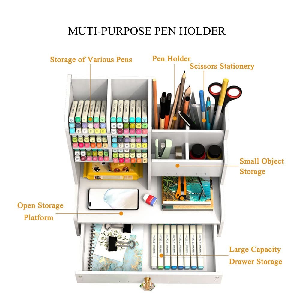 White Pen Organizer with Drawer DIY Pencil Holder Desk Tidy Caddy PB17