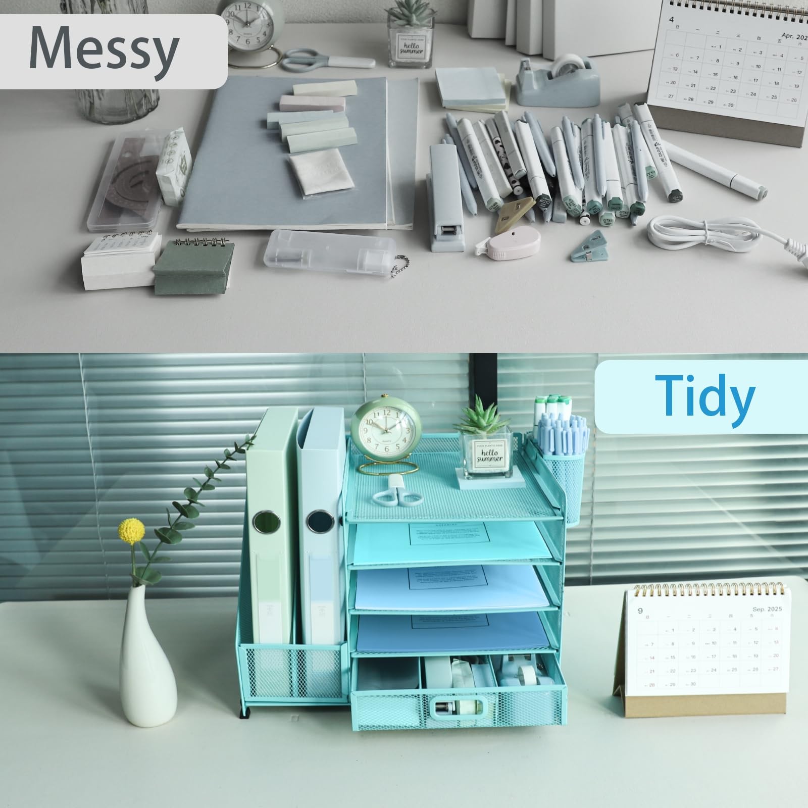 5 Tier Desk Organizer File Holder 2 Pen Holder Letter Tray Drawer Sky Blue