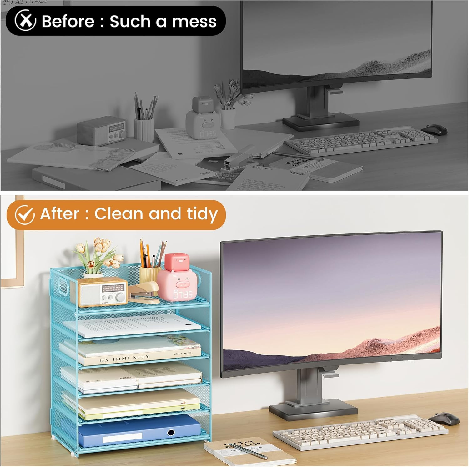 6 Tier Office File Paper Desk Tray Organizer with Handle, Stackable Slide Mesh L