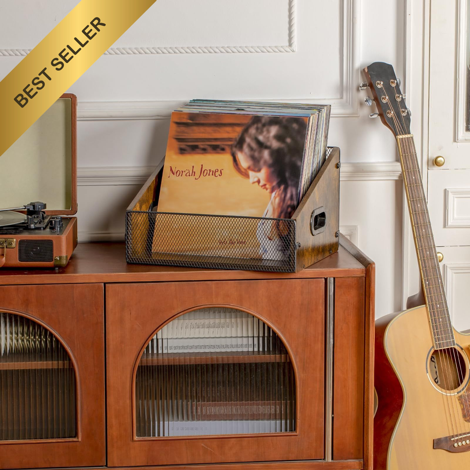 Wooden Vinyl Record Storage Crate Retro Album Holder Box Organizer for 60+ LP