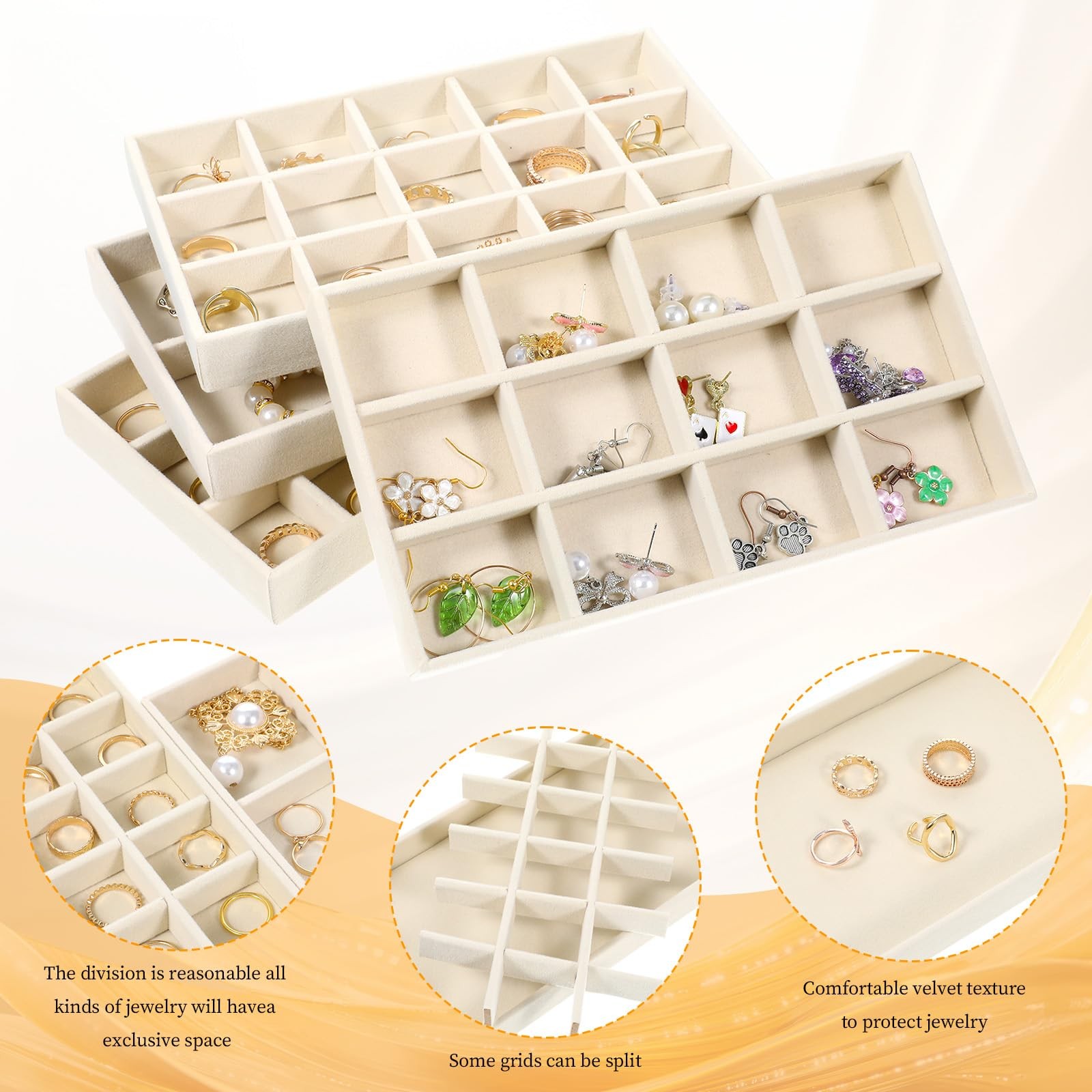 12 Pcs Velvet Jewelry Organizer Trays Set, 4 Styles Stackable Drawer Beige