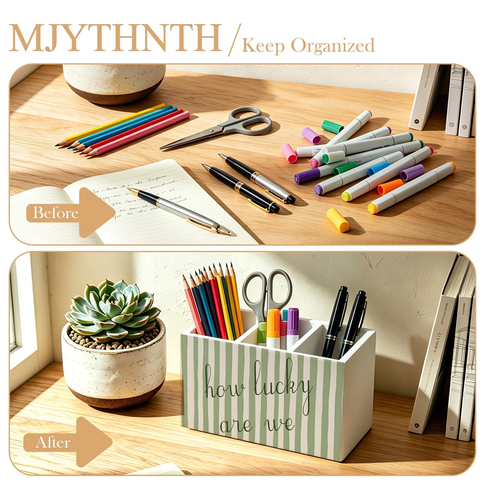 How Lucky Are We Inspirational Pencil Pen Holder for Desk, Sage Green Striped…