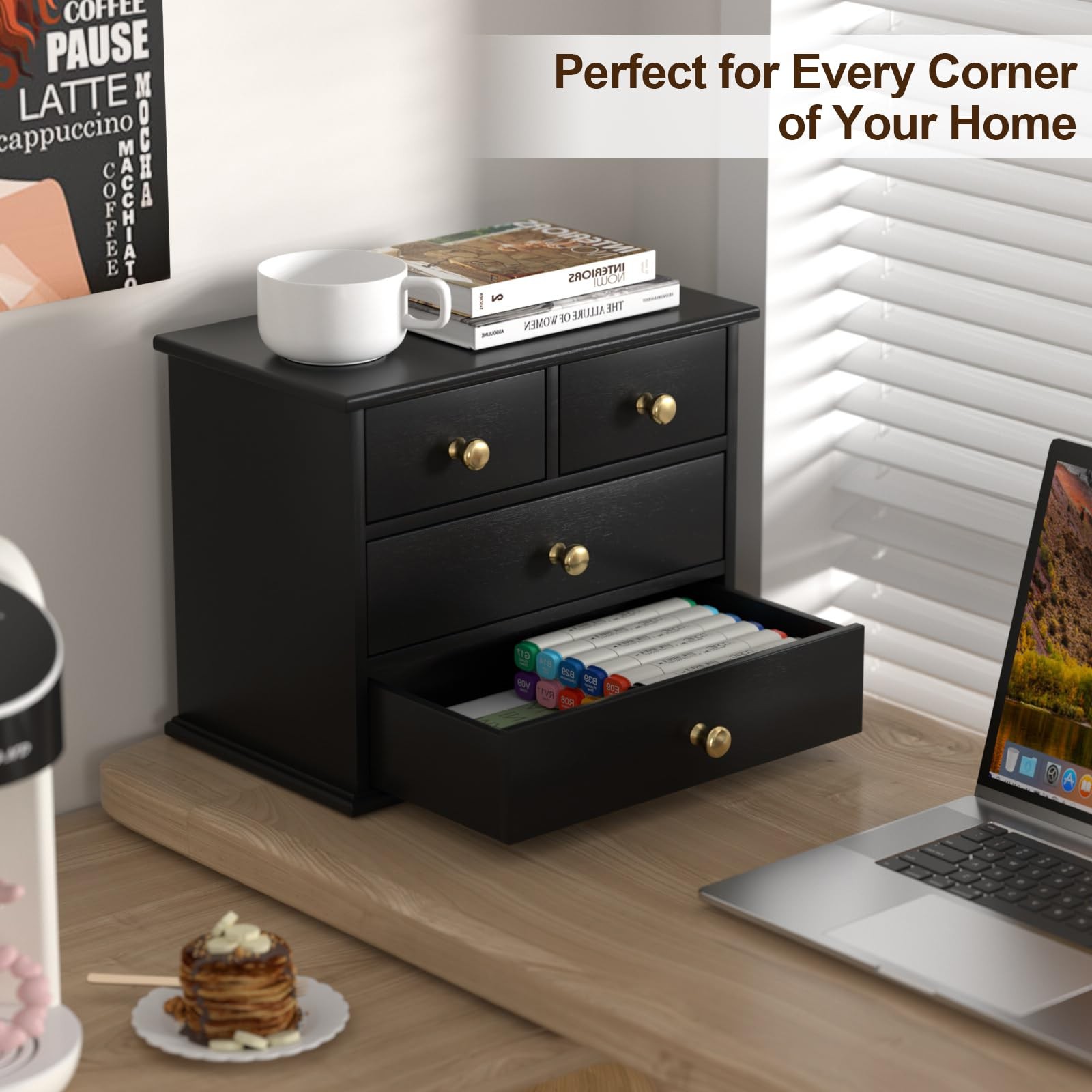 Oak Desk Organizer with Drawers, Durable Wooden Desktop Storage Box with Meta…