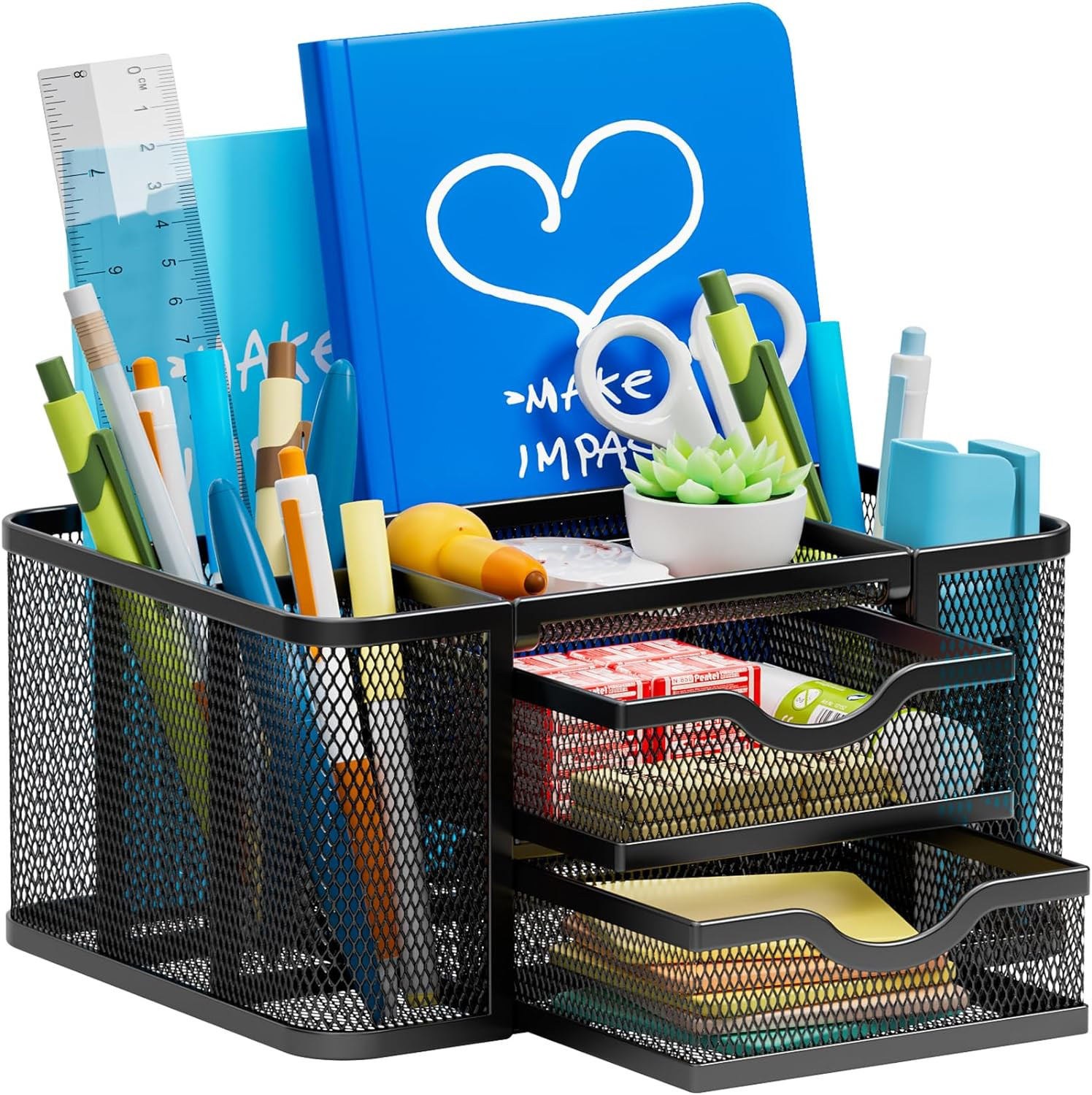 Marbrasse Mesh Desk Organizer, Pen Organizer with 2 Drawer, Multi-Functional Pen