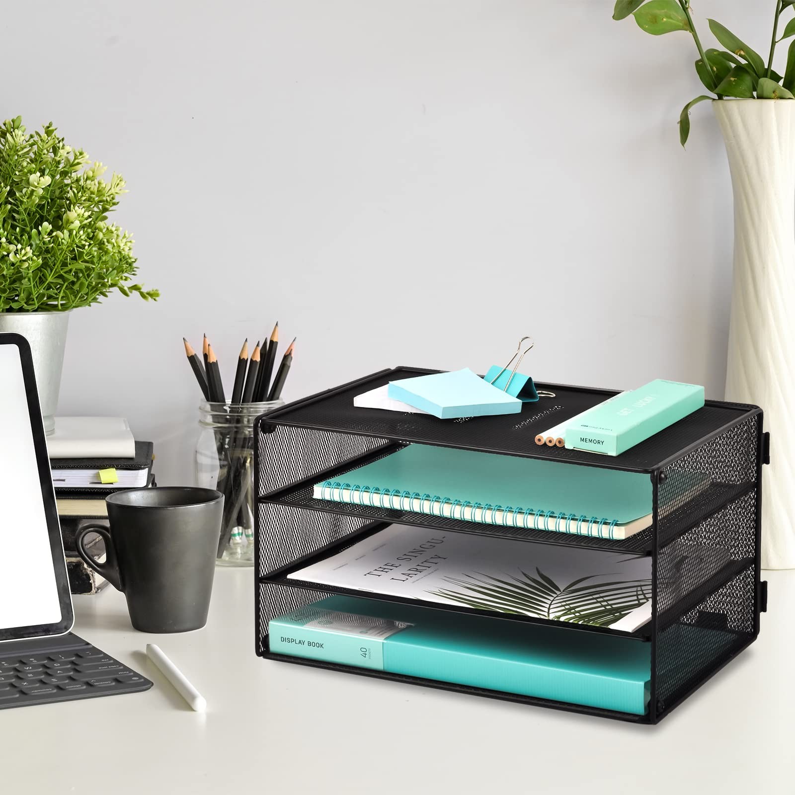 EASEPRES 3 Tier Mesh Desk Organizer Tray, 13.2″ x 9″ x 7.6″, 3 Black