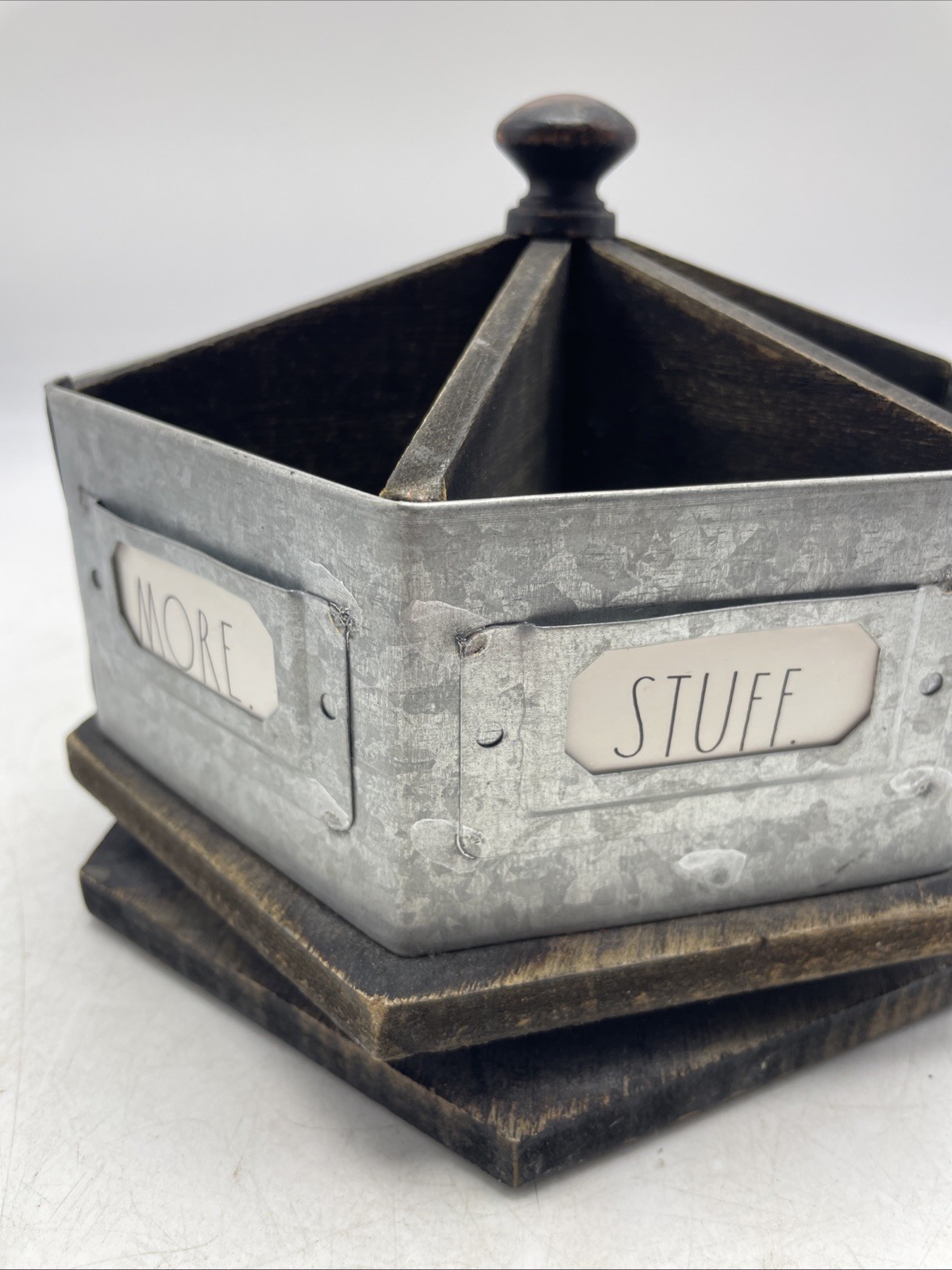 Rae Dunn Galvanized Steel & Wood Metal Rotating Spinning Rustic Desk OrganizerU