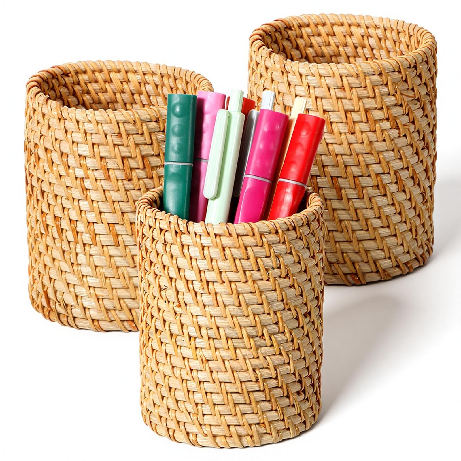 3 Pcs Rattan Pencil Holder, Handmade Pen Cup Durable Cylinder Makeup Brush Ho…