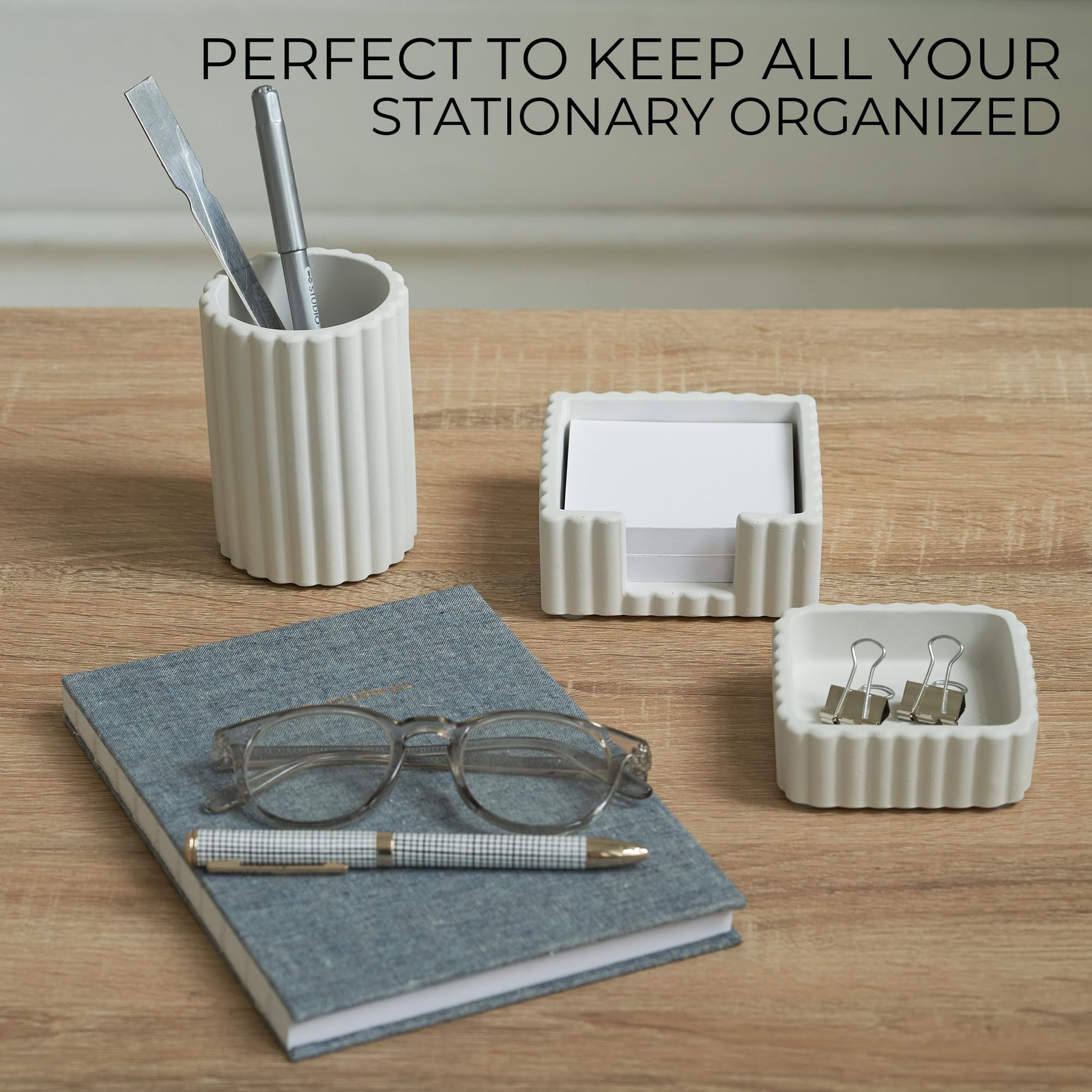 Modern Desk Accessories Set, 3 Pc Concrete Organizer, Pen Holder, White