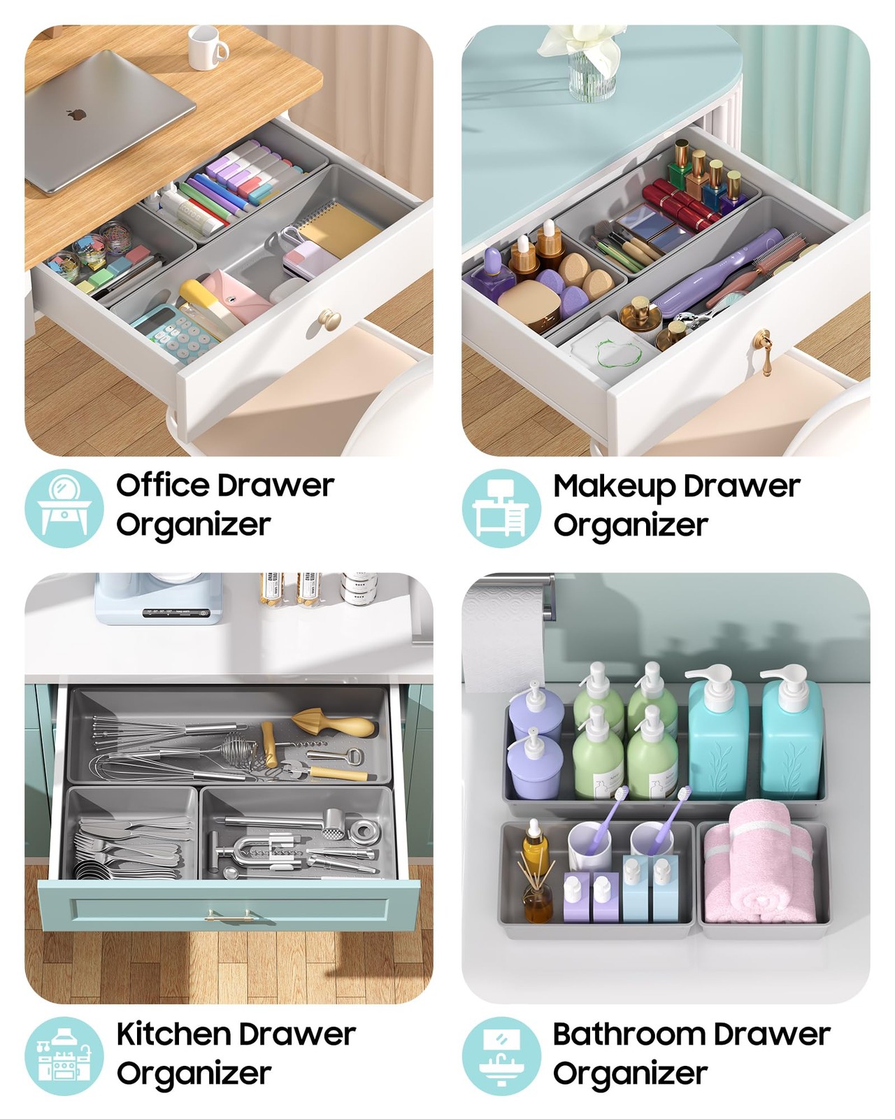 10 Pack Large Size Plastic Drawer Organizers Set, 3 Sizes Desk Drawer Organiz…