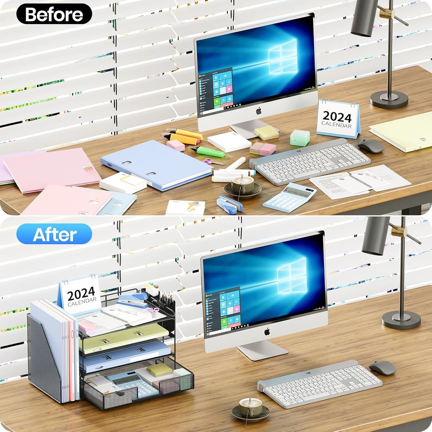 OPNICE Desk Organizer, 4-Tier Desktop File Organizer with Drawer and 2 Pen Holde