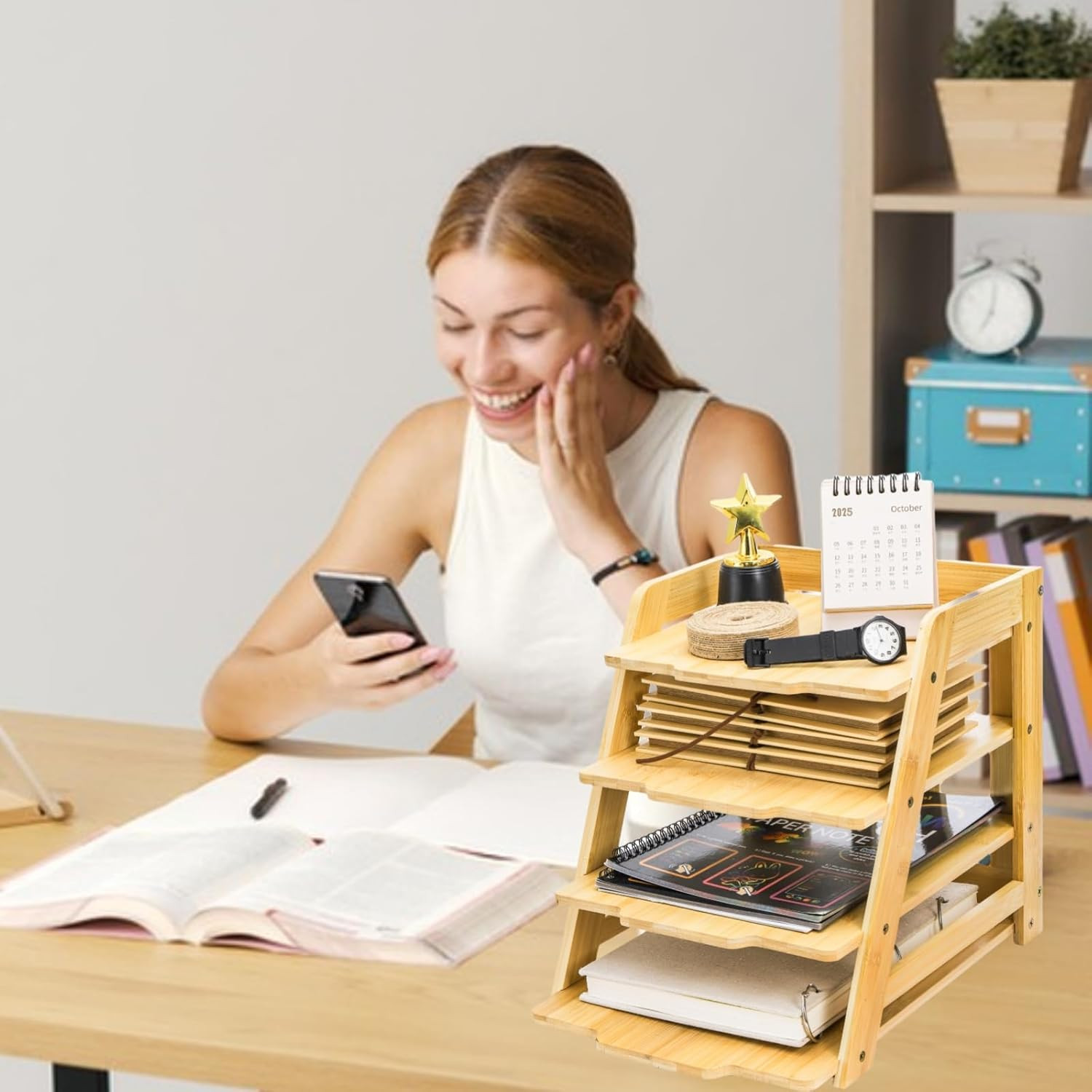 Wood Paper Organizer for Desk, 4 Tier Bamboo Letter Tray File Folder, Mail Sorte