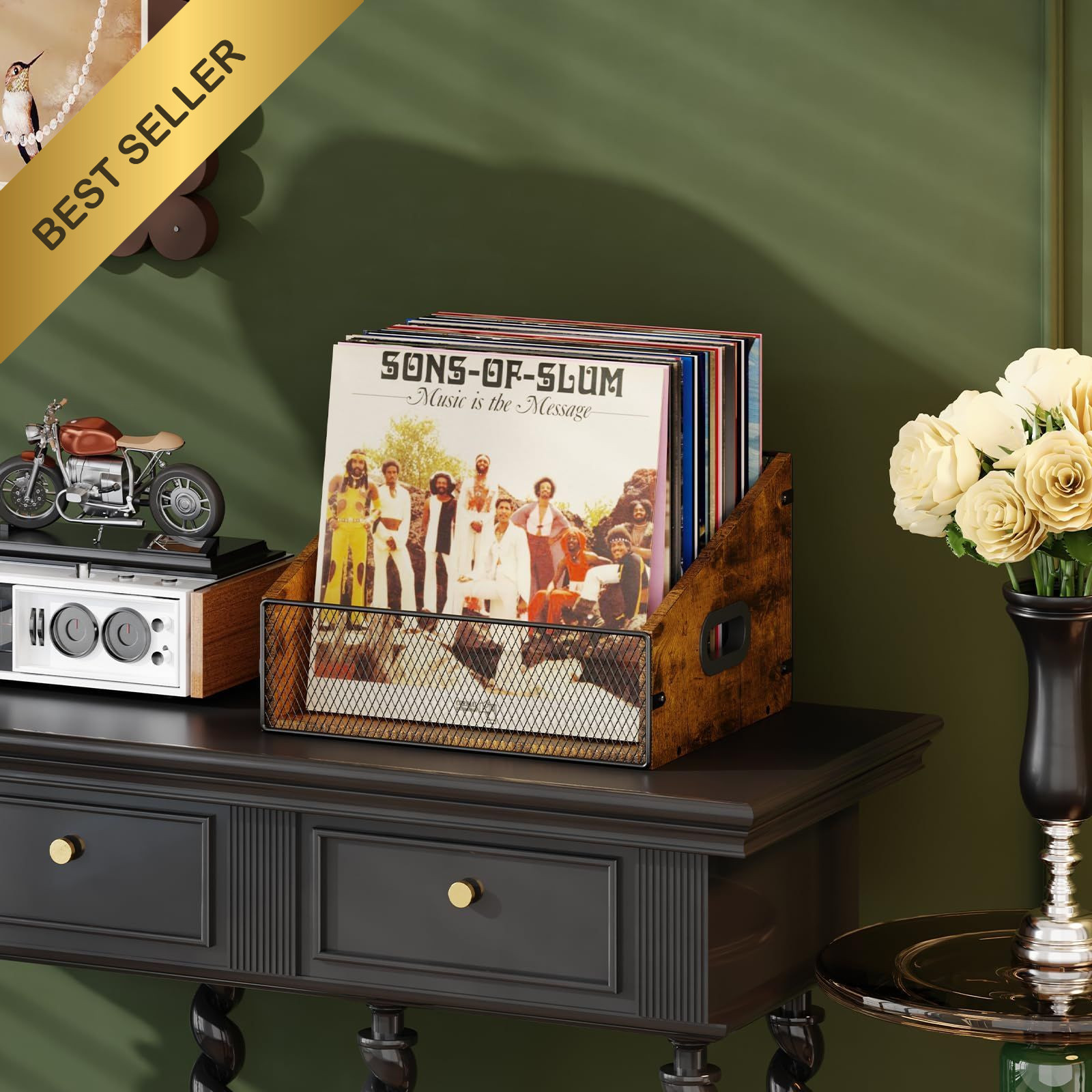 Wooden Vinyl Record Storage Crate Retro Album Holder Box Organizer for 60+ LP