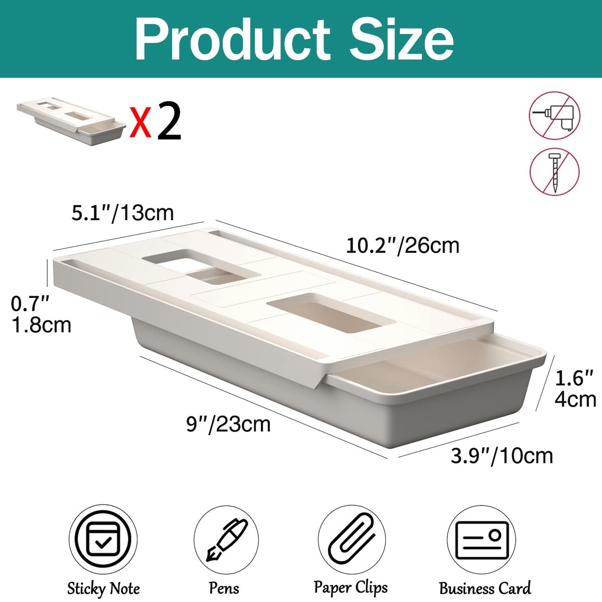 2Pack Under Table Desk Drawer Storage Organizer Slide Out, Hidden Self-Adhesi