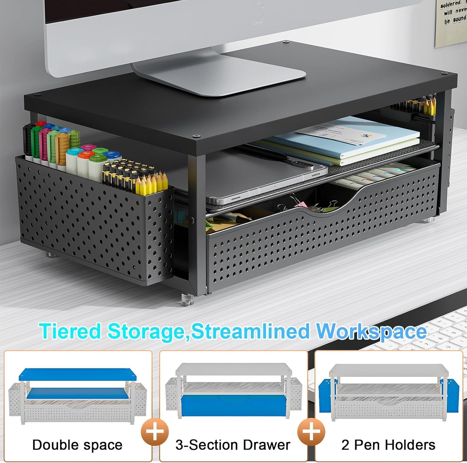 Industrial Style Monitor Stand Riser with Drawer – Ergonomic Design for Comfort