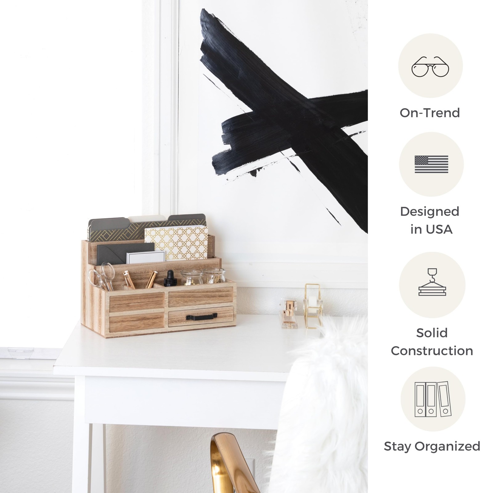 | Natural Wood Mail Organizer with Drawer & Pen Holder | Rustic Desk Organize…