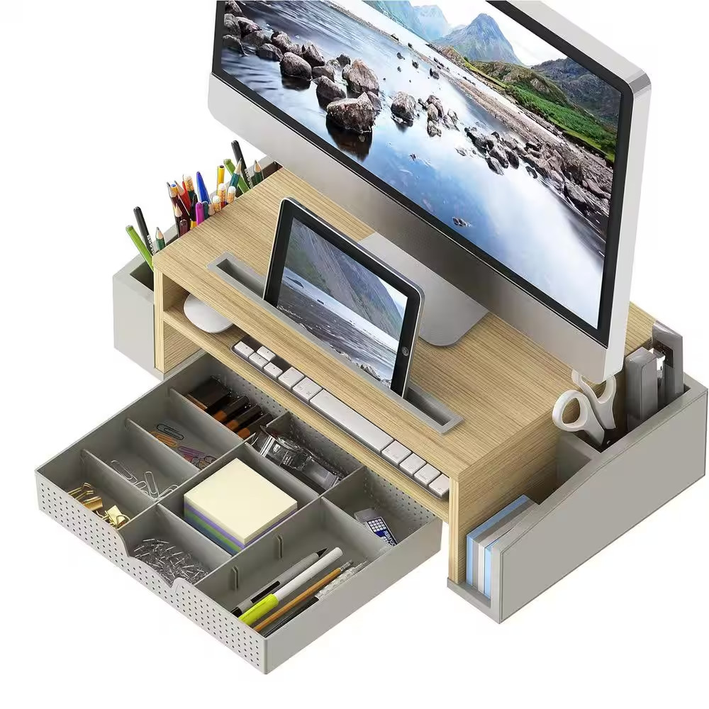 Oak 20.2 In. X 6 In. Wood Modern Desk Organizers with Adjustable Organizer Tray