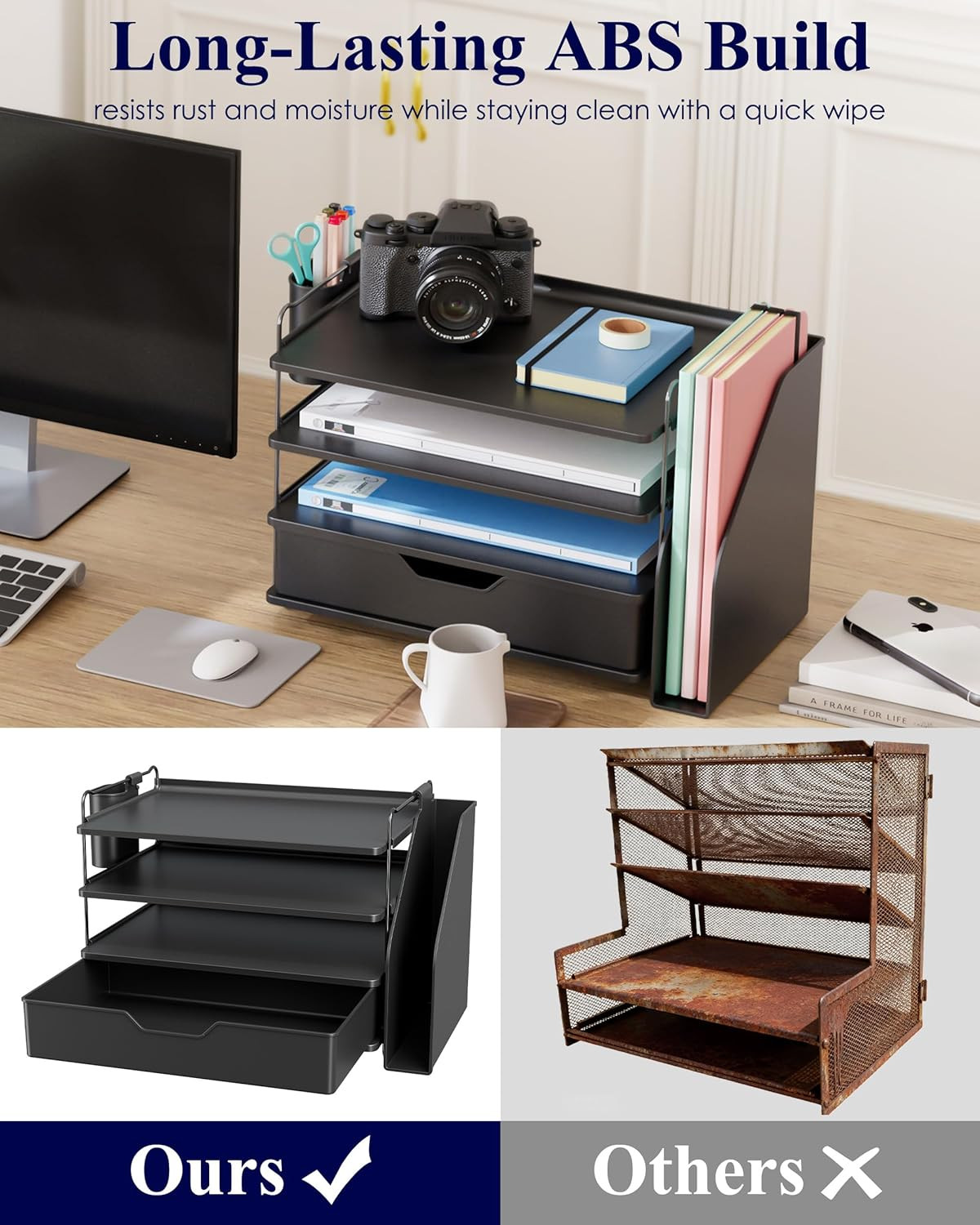 4 Tier Desk Organizer with Drawer & Pen Holder 13.3″ x 8″ x 10.8″ Black