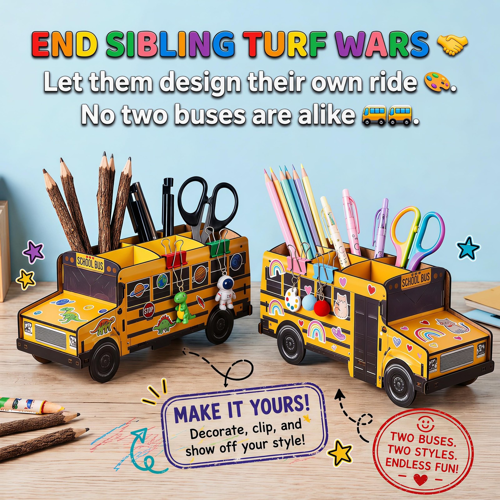 Cute Wooden School Bus Desk Decor & Pencil Holder – Retro Yellow Vehicle Stat…