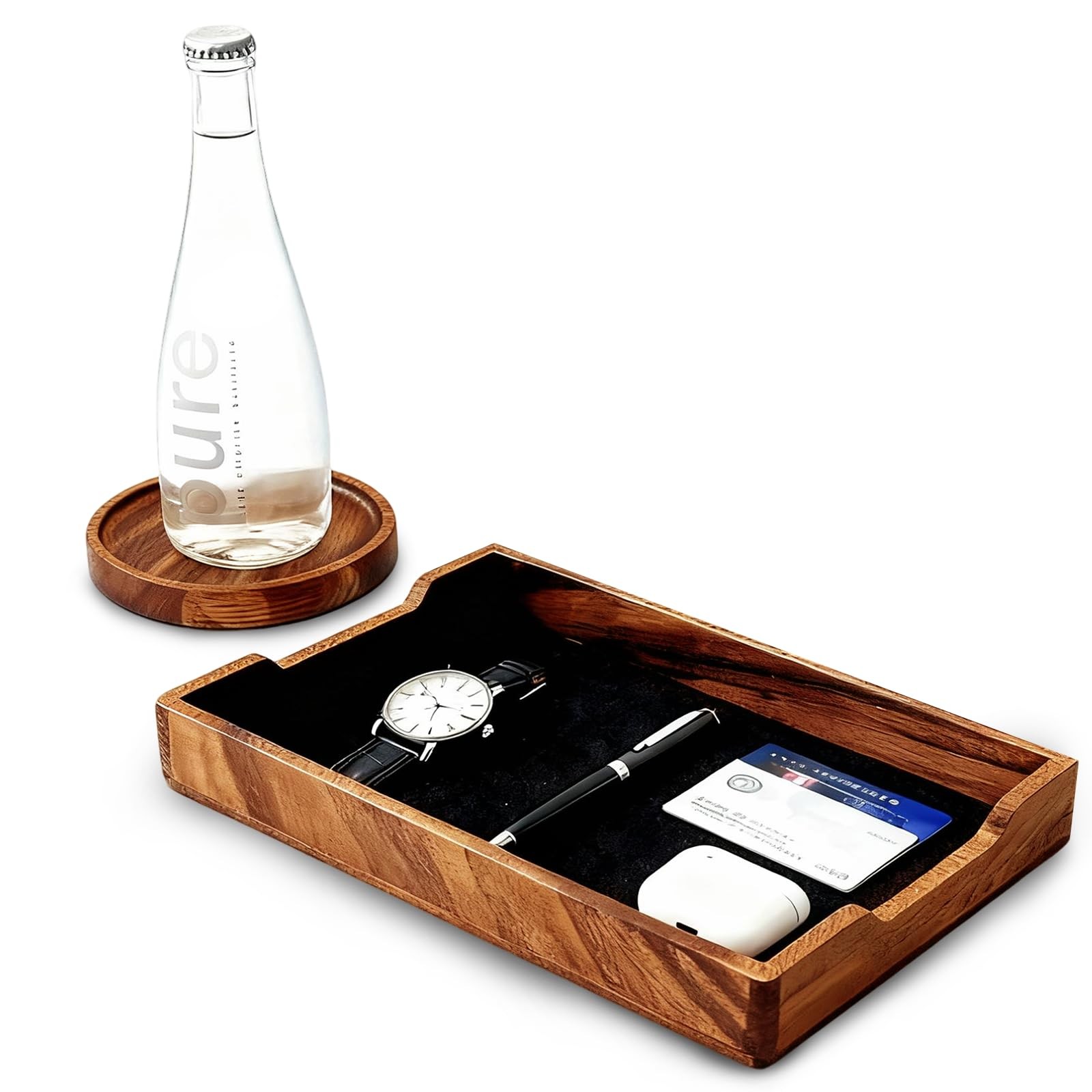 Walnut Desk Tray with Cup Coaster Set Felt Lined Wooden Desk Organizer Set