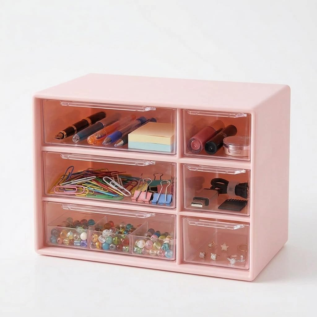 Small Drawer Organizer for Desk with 6 Clear Drawers, Mini Desktop Storage Box P