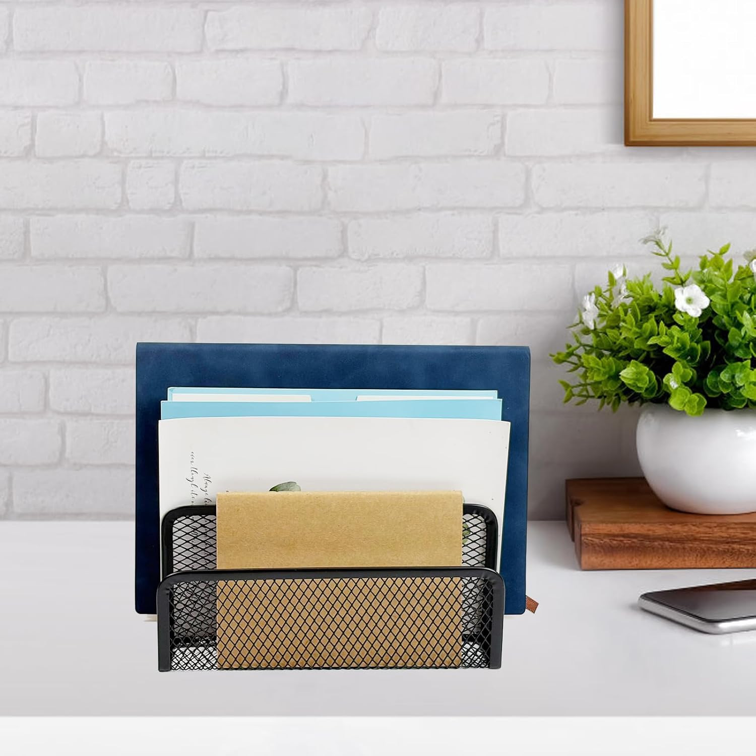 2Pcs Mail Organizer for Desk, 3-Slot Mesh Metal Mail Holder Countertop, Letter H
