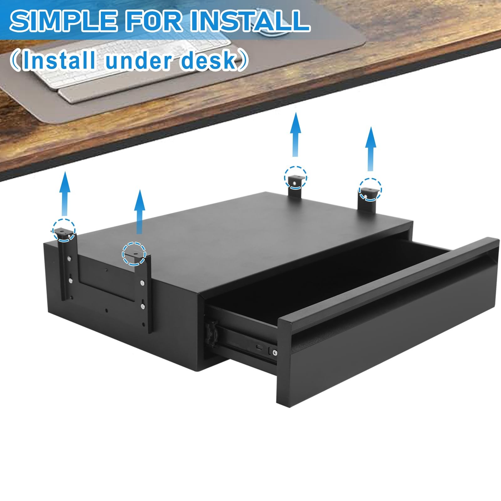18in Under Desk Drawer, Adjustable Slide~Out Storage Organizer, Carbon Steel