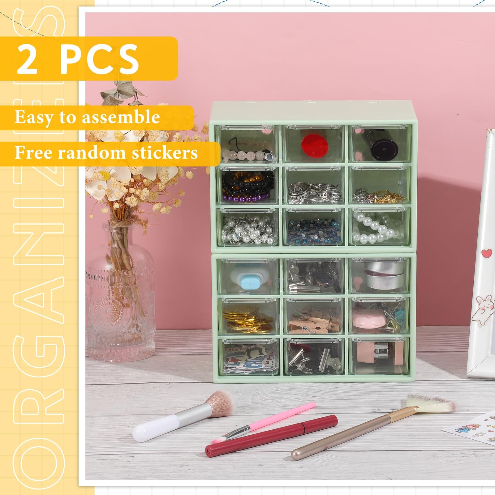 2 PCS Mini Storage Drawers Teacher Toolbox Craft Organizer 7×3.9×4.7 In Green