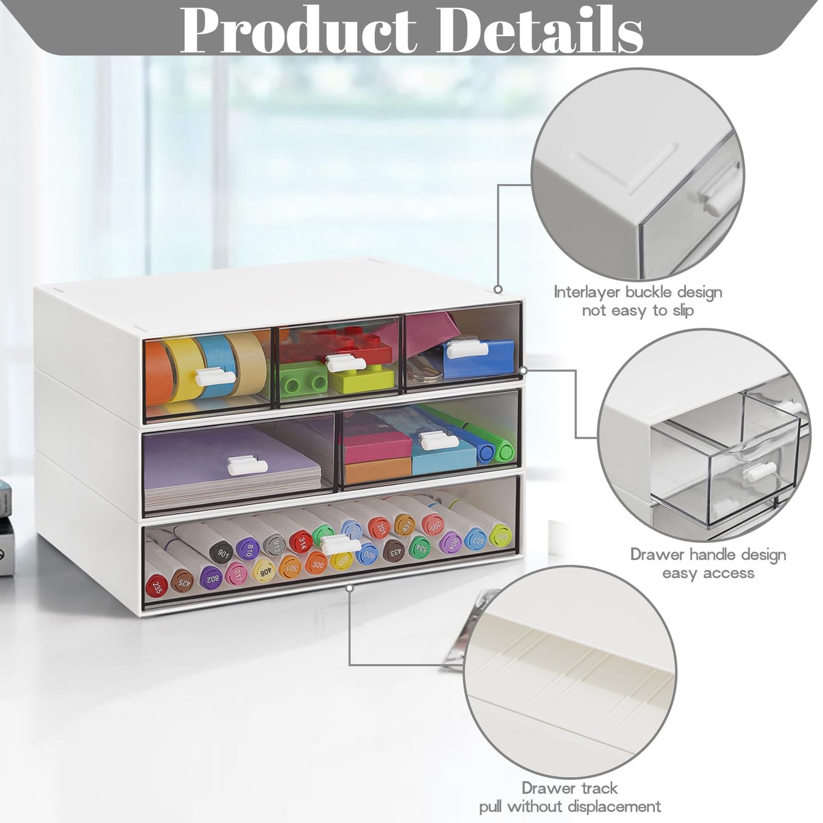 3 Tier Stackable Desk Organizer with 6 Drawers, Plastic Desktop Storage Box D…